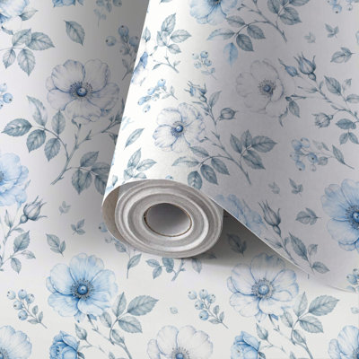 Papier peint adhésif pour papier peint auto-adhésif Motif floral bleu et blanc à motif de plantes grimpantes Toile autocollante et amovible 24 po x 118 po (60 x 300 cm)