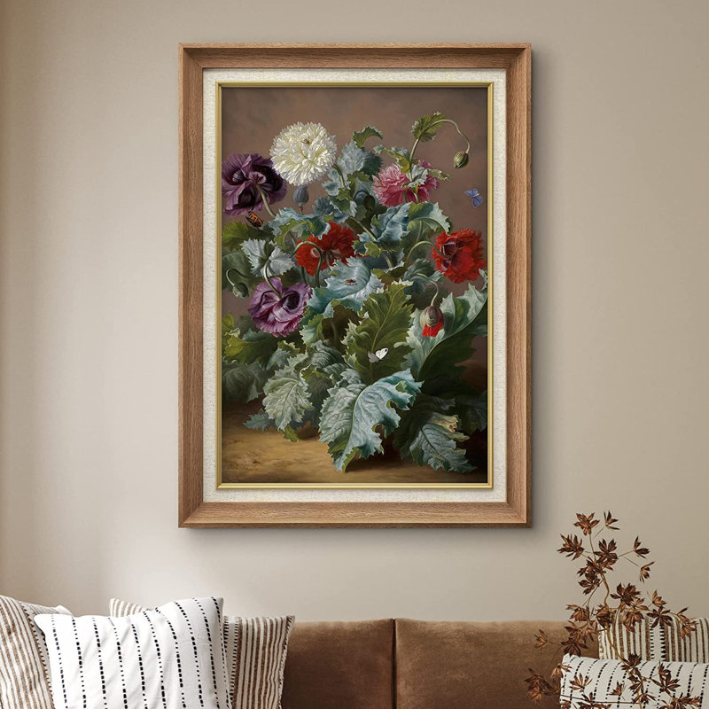 Fleurs de jardin mauves et rouges - Peinture sur toile encadrée, Naturel
