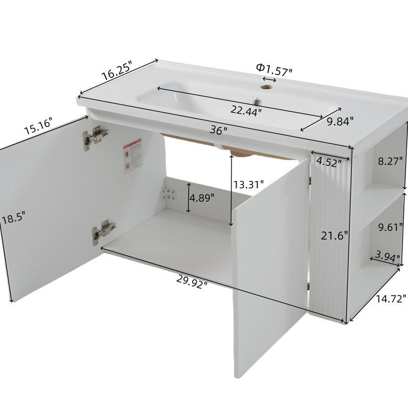 Meuble-lavabo de salle de bain 36 po - blanc, avec 45 °, grande capacité, finition blanche brillante, rangement moderne, élégant et spacieux