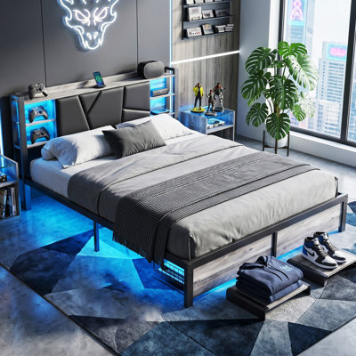 EU Double & King RGB LED Metal Storage Platform Bed with USB-C Charging, PU Tufted Headboard & 2 Footboard Drawers, Black,  140/160x200cm
