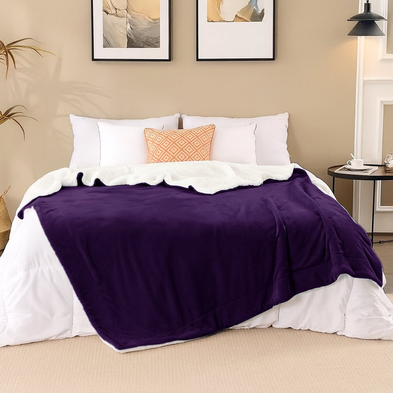 Sherpa Fleece Fur Thick Reversible Blanket Throw, Purple, 200cm x 240cm