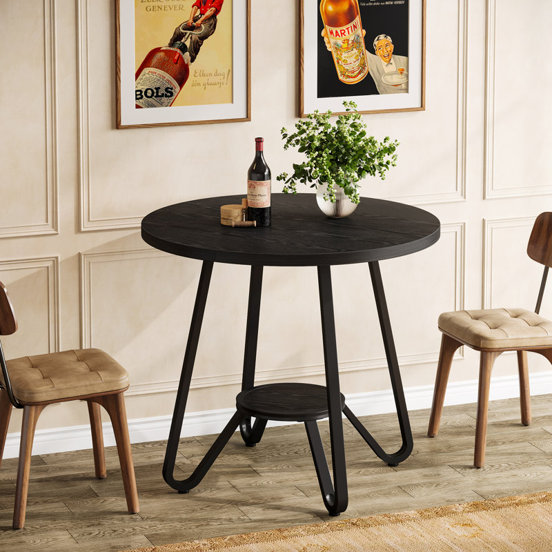 31.5" Round Dining Table With Double Shelves, Black