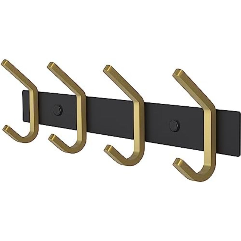 Porte-manteau mural – Barre à crochets noire et dorée avec 4 crochets doubles, crochets muraux en acier inoxydable de 30 cm pour entrée, salle de bain, chambre, garde-robe, serviettes, chapeaux, sacs, organisateur robuste