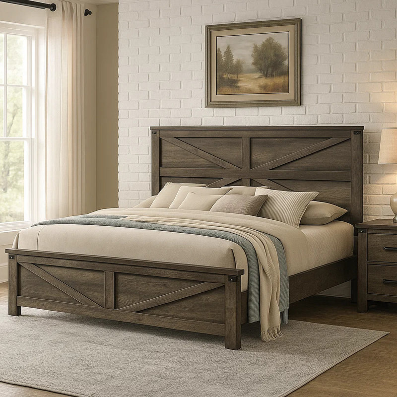 Très grand lit Bry avec tête de lit à chevrons, structure en bois gris rustique, Grand