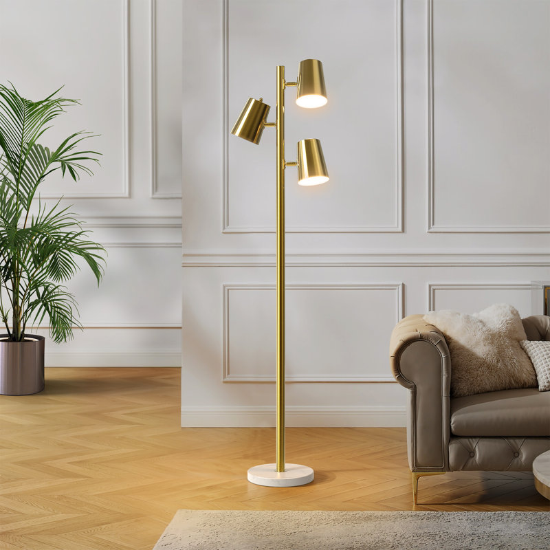 Lampe sur pied à branches moderne en métal à 3 lumières 62 po avec base en marbre Crevan, Laiton