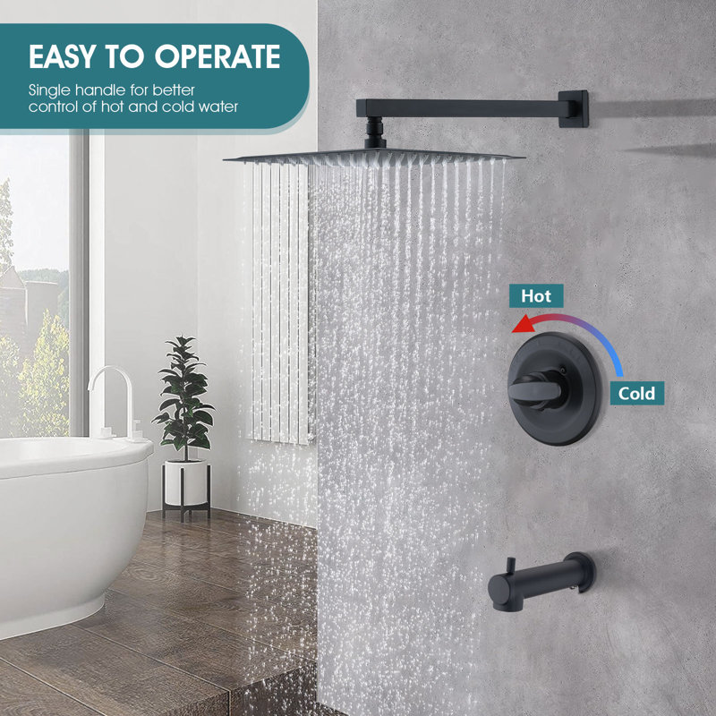 Faucet Shower Trim Kit With 12" Square Rain Shower Head (Valve/Cartridge Not Included), Matte Black