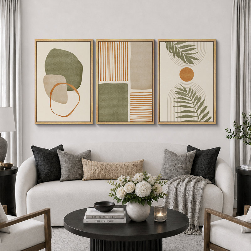 Mid Century Modern Boho "Organic Tropical Leaf Artwork, Neutral Abstract Warm Pictures, Framed Canvas 3 Pieces Giclee Print Wall Art