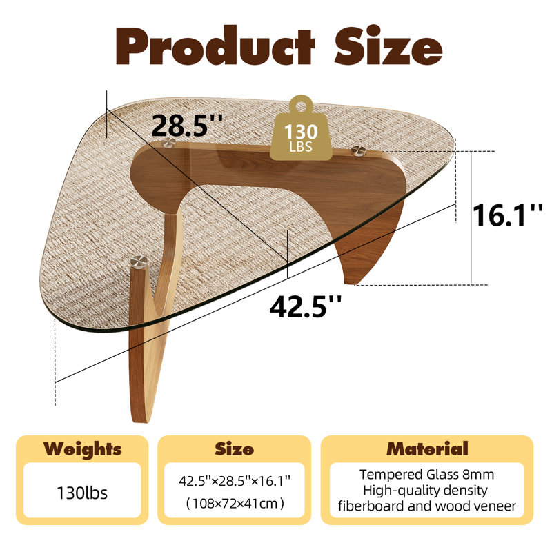 Triangle Tempered Glass Top Coffee Table with Wood Base, 42.5" W x 28.5" D x 16.1" H, Natural