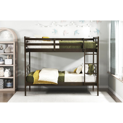 Lit superposé simple au-dessus d'un lit superposé brun foncé, composition en bois, plateau avec garde-corps, pas de sommier tapissier, convient aux endroits où dormir sur le lit, poids de 300 lb et mélange d'ingénierie, chambres de sommeil sécuritaires pour les jeunes,