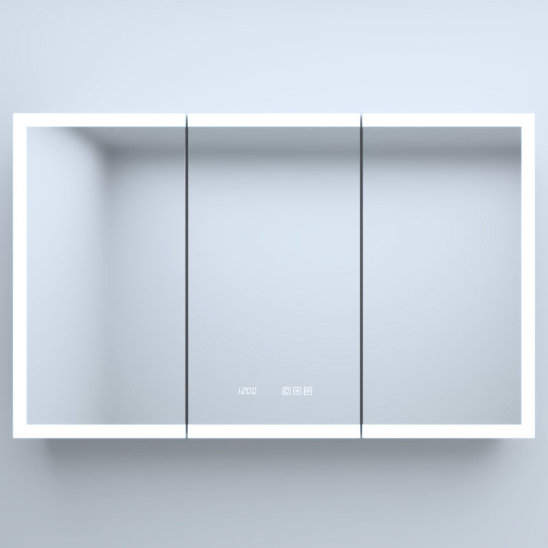 48 po Armoire à pharmacie en aluminium argenté avec miroir, DEL, tablettes réglables, affichage de l'heure et de la température, horloge miroir avec ports de charge, conception antirouille et DEL