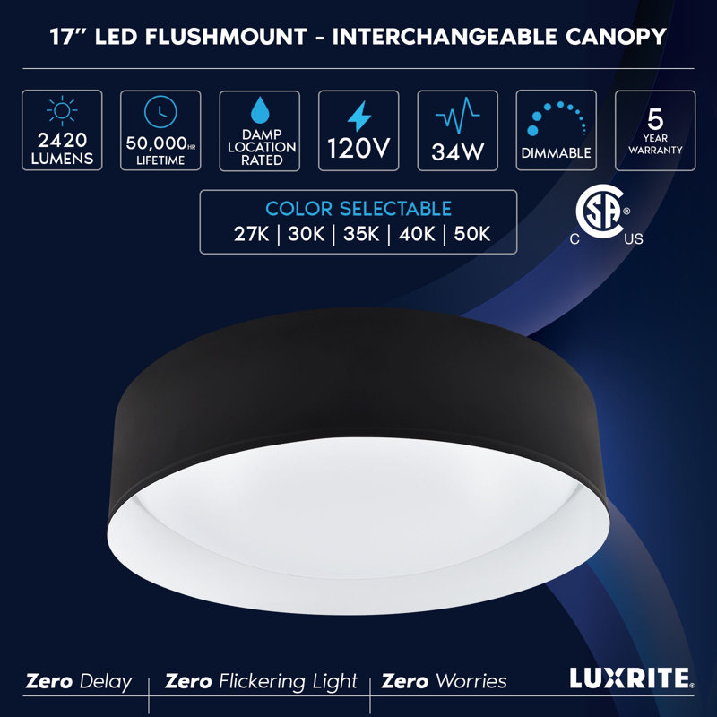 17-Inch LED Flush Mount Ceiling Light, 5CCT, 2420 Lumens, 34W CRI 90 Dimmable Ceiling Light Fixture With Interchangeable Canopy