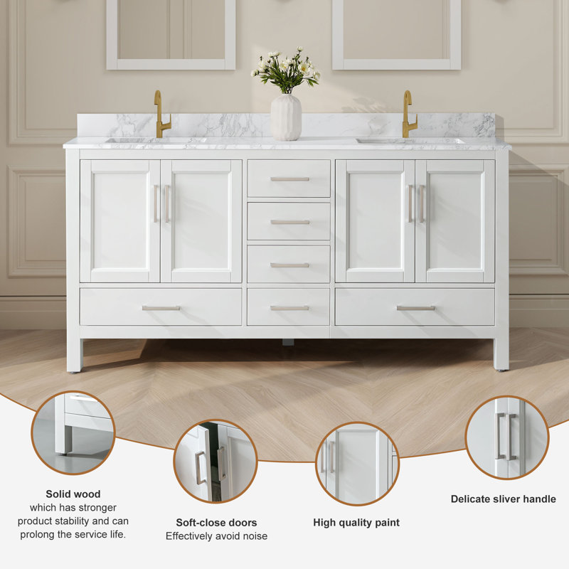 Meuble-lavabo double 72 po avec plateau en granite blanc Riverford