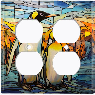 Metal Light Switch Plate Cover; US Standard Size 4 Gang Toggle - Penguins Stained Glass PRINT