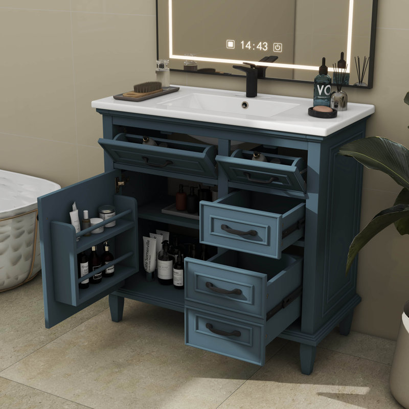 Meuble-lavabo de 36 po avec lavabo simple, armoire incluse, 2 tiroirs rabattables, 2 tiroirs standard et tablette interne réglable