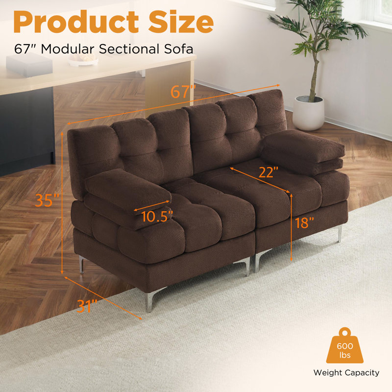 Modular Sectional Couch,124 Inch Sectional Sofa With Metal Legs, Modern U Shaped Sofa For Living Room(Chenille), Brown, 2