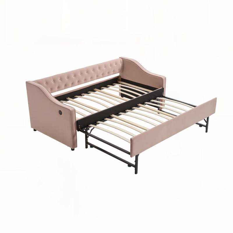 Lit de jour en velours avec couchette, port USB, poches latérales, Rose