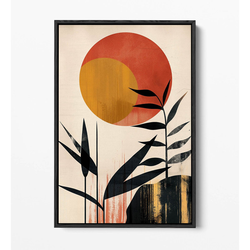 Boho minimalist sun with bamboo foliage Canvas Floater Frame Print Picture Art - Black Frame, 76.2cm H x 50.8cm W
