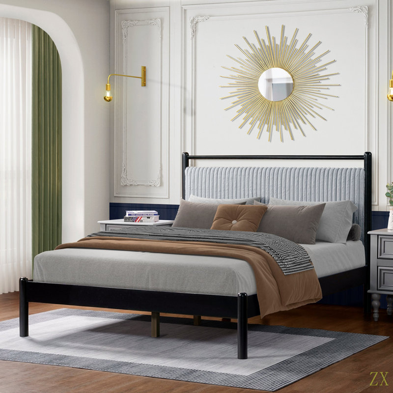 Cadre de lit double en bois avec tête de lit moelleuse et cadre, Lit double