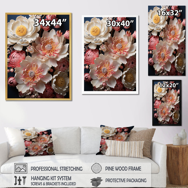 Pivoines ornées d'accents dorés magiques, Cadre photo argenté, H 32 po x l 24 po x P 1 po