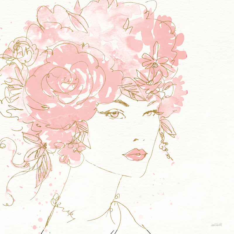 Fleurs florales I or rose carré - peinture sur toile tendue, H 36 po x l 36 po