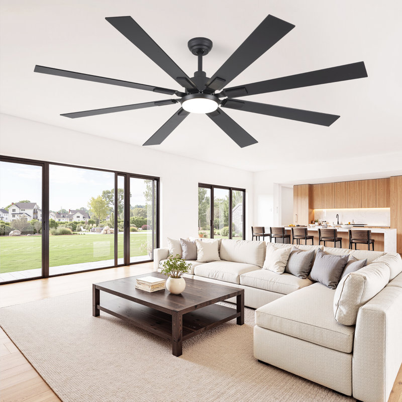 Cissline 72" 8-Blade Black Indoor/Outdoor LED Ceiling Fan with Light and Remote for Living Room/Bedroom/Kitchen, Black, Black