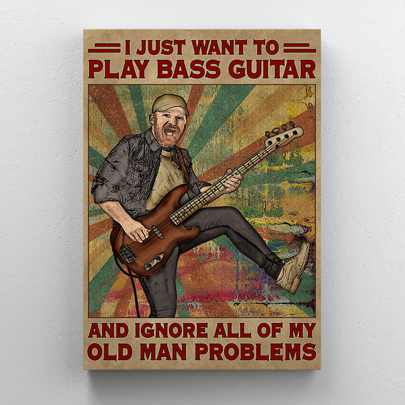 «Old Man jouant de la guitare basse», art textuel sur toile tendue, H 20 po x l 16 po x P 2 po