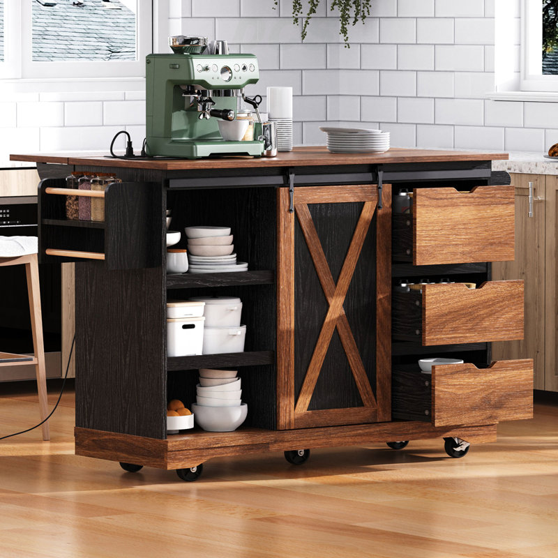 55.5" Farmhouse Kitchen Island With Drop Leaf, Kitchen Storage Island With Barn Door, Power Outlet, Rolling Kitchen Cart On Wheels With Spice Rack, For Home, Kitchen, Dining Room, Black, Kitchen Island