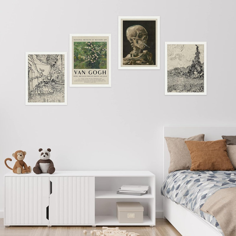 Vincent Van Gogh fumant des roses squelettes, art mural encadré 4 pièces, H 14 po x l 11 po x P 1 po, Blanc