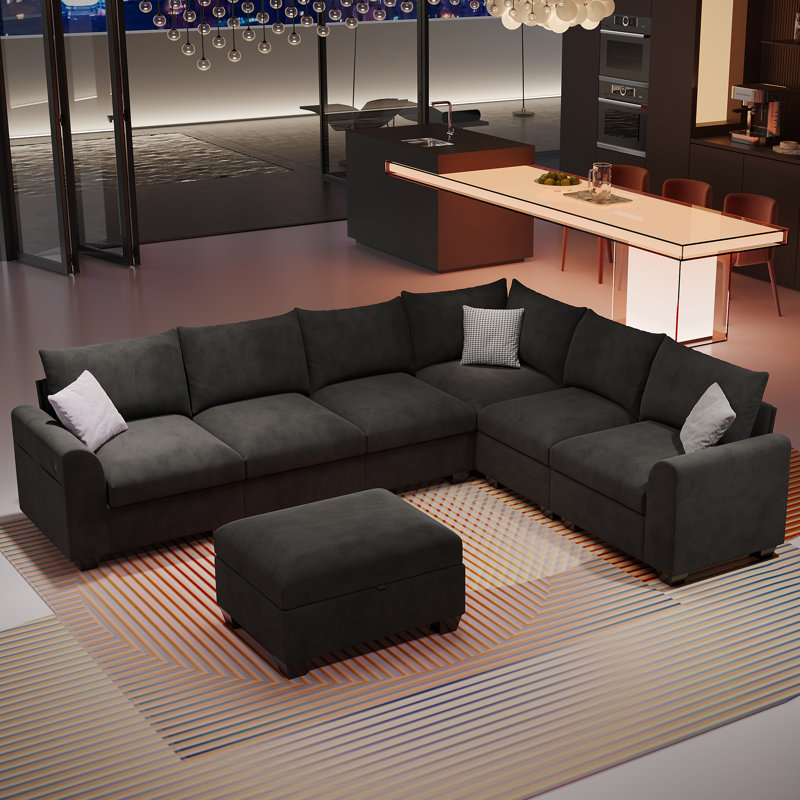 120 '' L-Shaped Modular Sectional Sofa, 6-Seater Cushioned Cloud Couch, With Ottoman Storage And USB, Black 