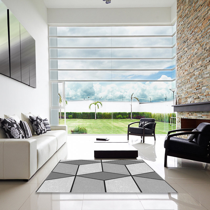 Tapis gris/blanc tissé à la machine, Carré 5 pi