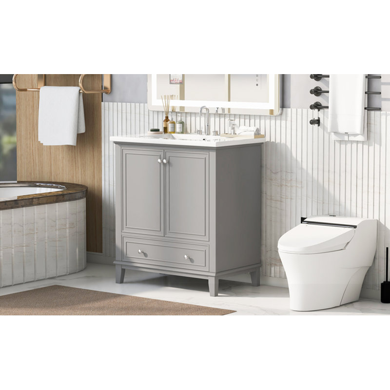 Armoire de salle de bain multifonctionnelle avec portes et tiroir, Gris