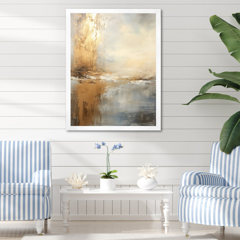 «Modern Coastal Beige And Gold River I», reproduction d'art sur toile plage et océan, Cadre simple blanc