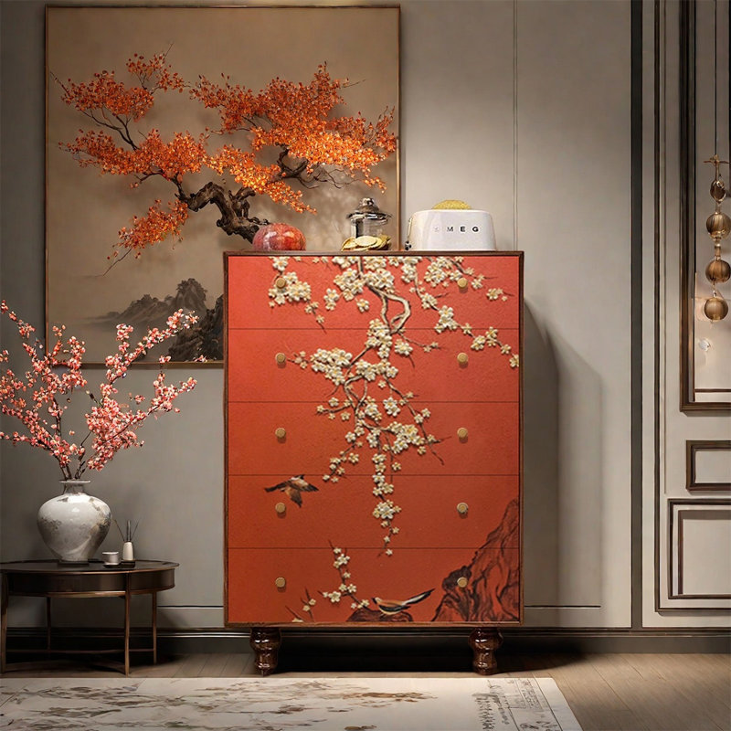 Armoire de rangement à cinq tiroirs en pin rustique, Noyer