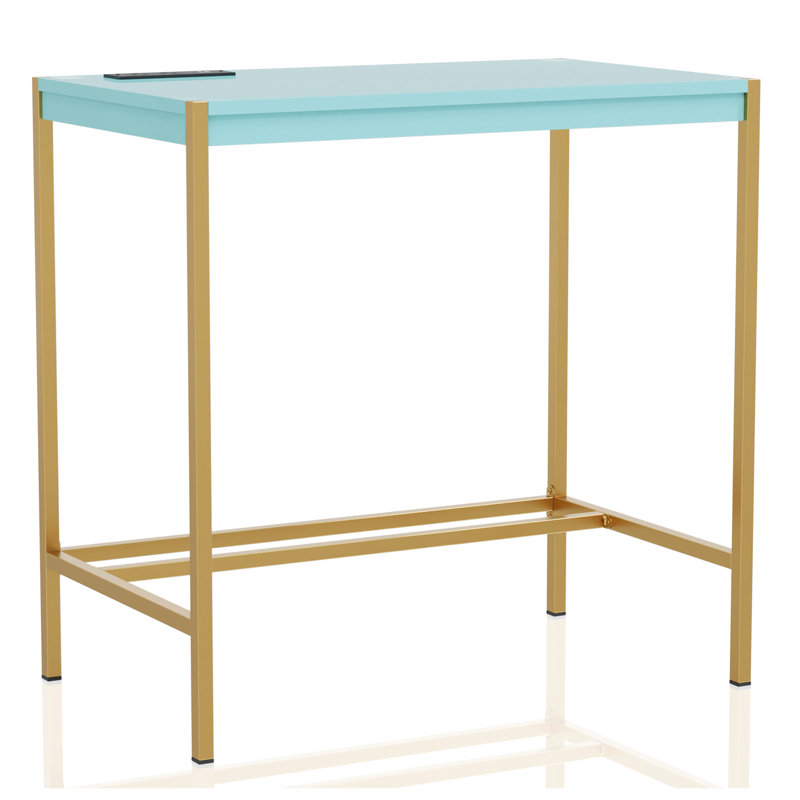 Bureau d'écriture avec prises intégrées Fultonville, Bleu Aruba / doré