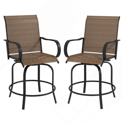 Outdoor Bar Stools With Armrests, Set Of 2 360° Swivel Bar Height Patio Chairs With High-Density Mesh Fabric, Steel Frame Dining Chairs For Balcony, Poolside, Backyard, Tan