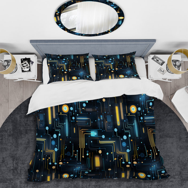 Literie bleue à rayures futuristes, Housse de couette simple + 1 taie décorative stan