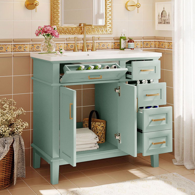  36'' Bathroom Vanity With Ceramic Sink, 4 Drawers for Storage, Green