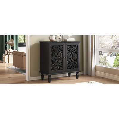 Commode d'appoint rétro sculptée, buffet de rangement à 2 portes avec motif floral symétrique, tablette réglable et pieds en bois massif pour le vestibule du salon