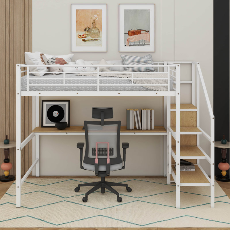 Lit mezzanine double en métal avec bureau, escalier de rangement et lumière DEL, Blanc