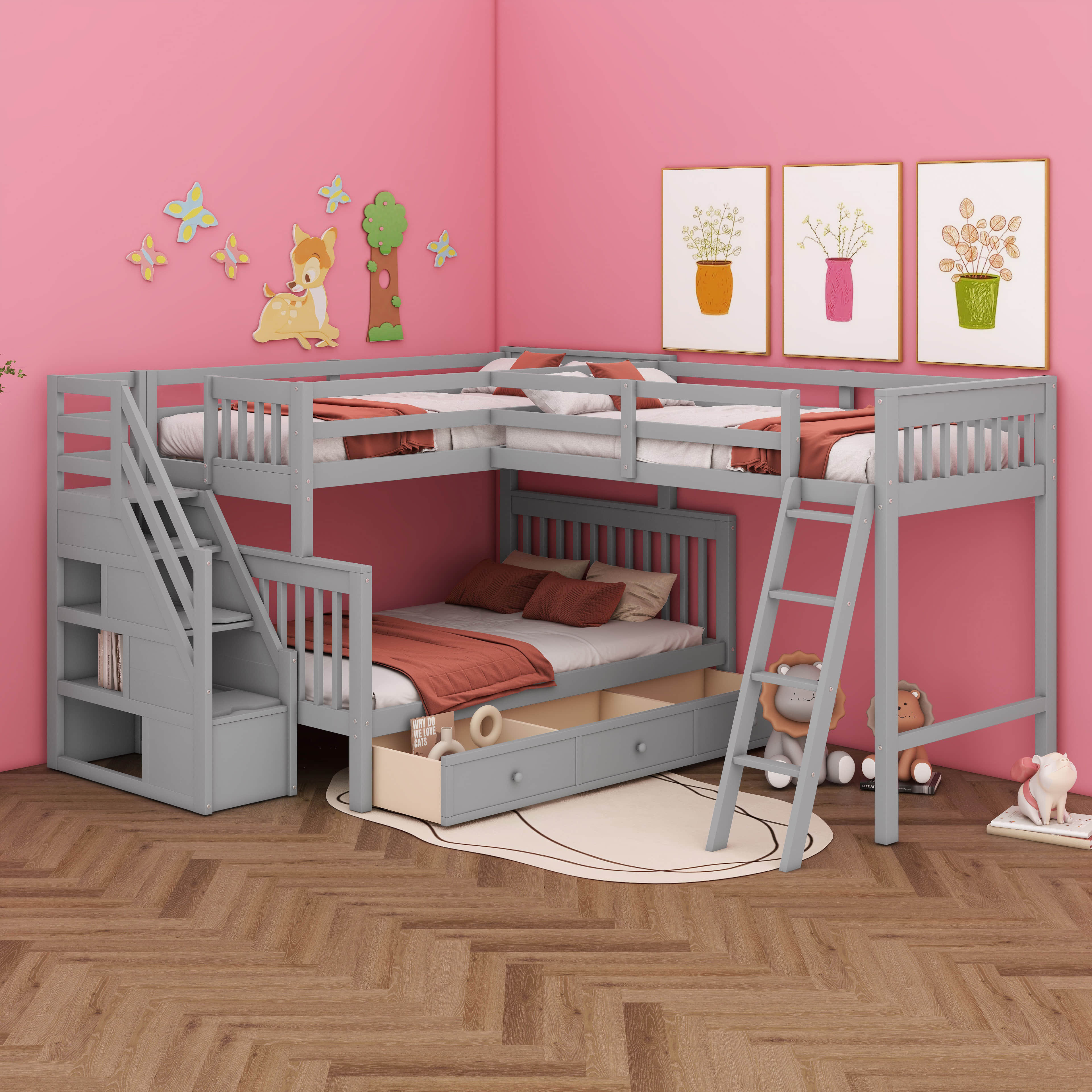 Harriet Bee Twin Over Full L-Shaped Bunk Bed With 3 Drawers, Ladder And ...