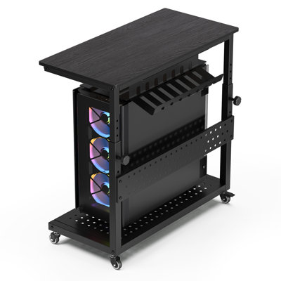Adjustable PC Stand with Wheels, 2-Tier Rolling PC Tower Cart with Cable Management, Height Adjustable Computer Desk Stand for Home Office Gaming, Black