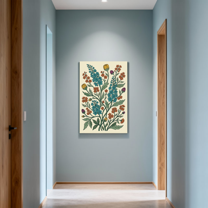 Motif floral de plantes et de fleurs avec des fleurs bleues orange et jaunes, H 36 po x l 24 po