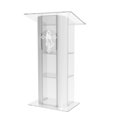 Assembled Clear Acrylic Plexiglass Lucite Podium Curved Brushed Stainless Steel Sides Pulpit Lectern With Pray Hand 14307+12152--Assembled Podium