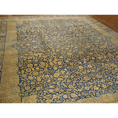 Tapis rond antique indien de Lahore, motif floral traditionnel et classique sur fond bleu marine, 15 pi 3 po