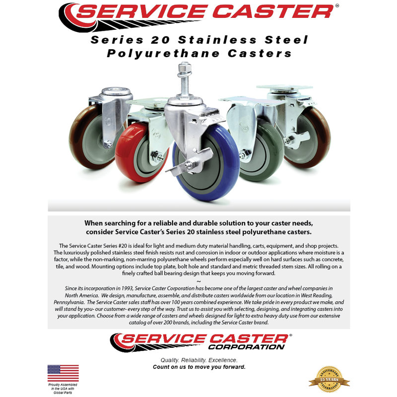 5 Inch SS Polyurethane Swivel Bolt Hole Caster Set with 2 Total Lock Brake, Grey