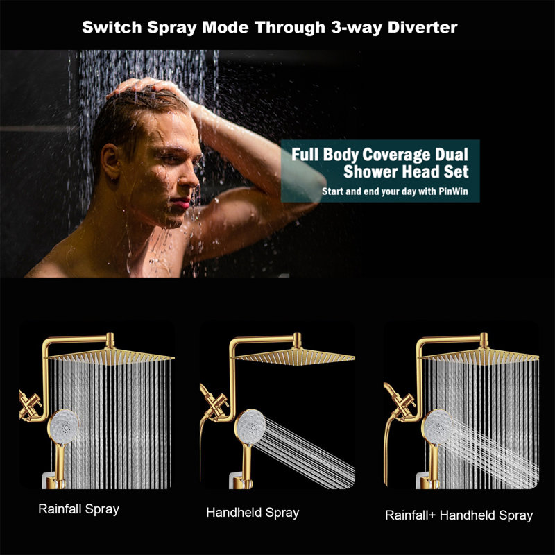 Upgraded Dual Showerhead System – 12-Inch Rainfall Shower Combo With Adjustable Extension Arm & 6-Setting Handheld Spray (High-Pressure For Low Water Flow)