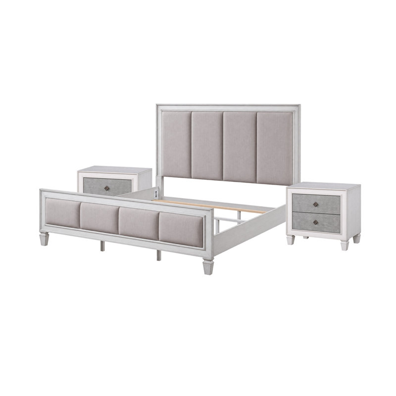 Ensemble de chambre à coucher King, design rembourré, gris et blanc, 4 pièces avec 2 tables de chevet et une commode