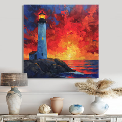 Orange Blue Coastal Lighthouse Cliff Sunset III - Lighthouses Wall Art Living Room