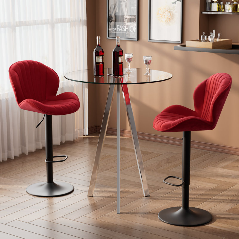 Table de pub ronde et 2 à 4 tabourets de bar réglables à 360 °, 3 pièces: table, 2 chaises, Rouge, Argent argent