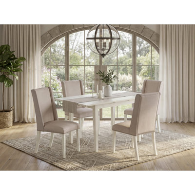 Ensemble de table de salle à manger 5 pièces moderne comprenant une table rectangulaire en bois avec feuille papillon et 4 chaises rembourrées en tissu crème, lin blanc